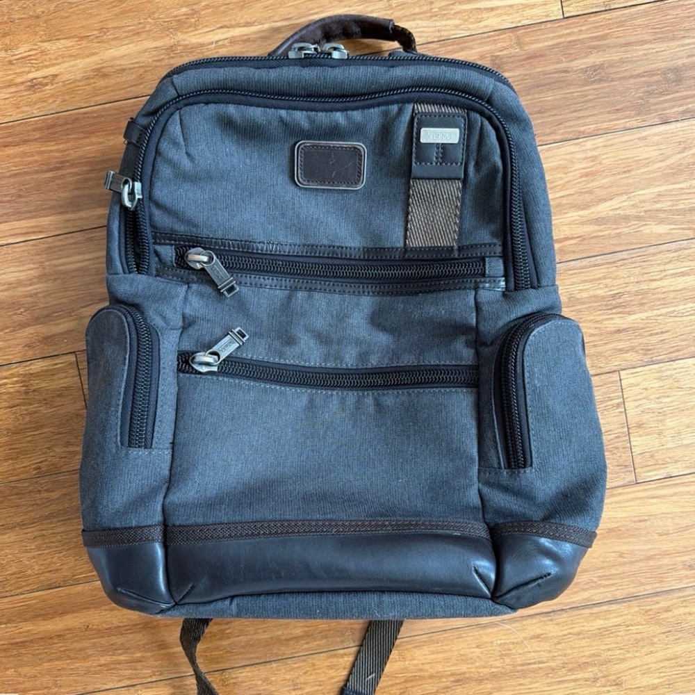 Tumi Gray Black Canvas Backpack with Leather Trim